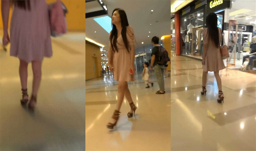 商场一路跟踪抄底粉裙美女竟然光着屁屁来逛街