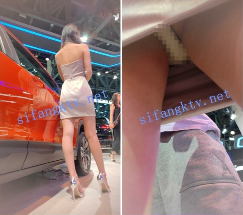偷拍美女裙底风光❤️成都车展银色连衣裙细高跟极品美女，白色窄内 UR级反差骚货黑丝筒袜配情趣开档内裤