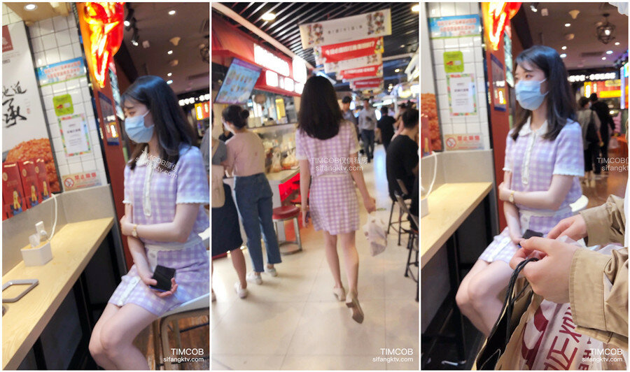 小吃街一路跟踪抄底美女白领穿着透明内裤隐约看到一坨黑B毛